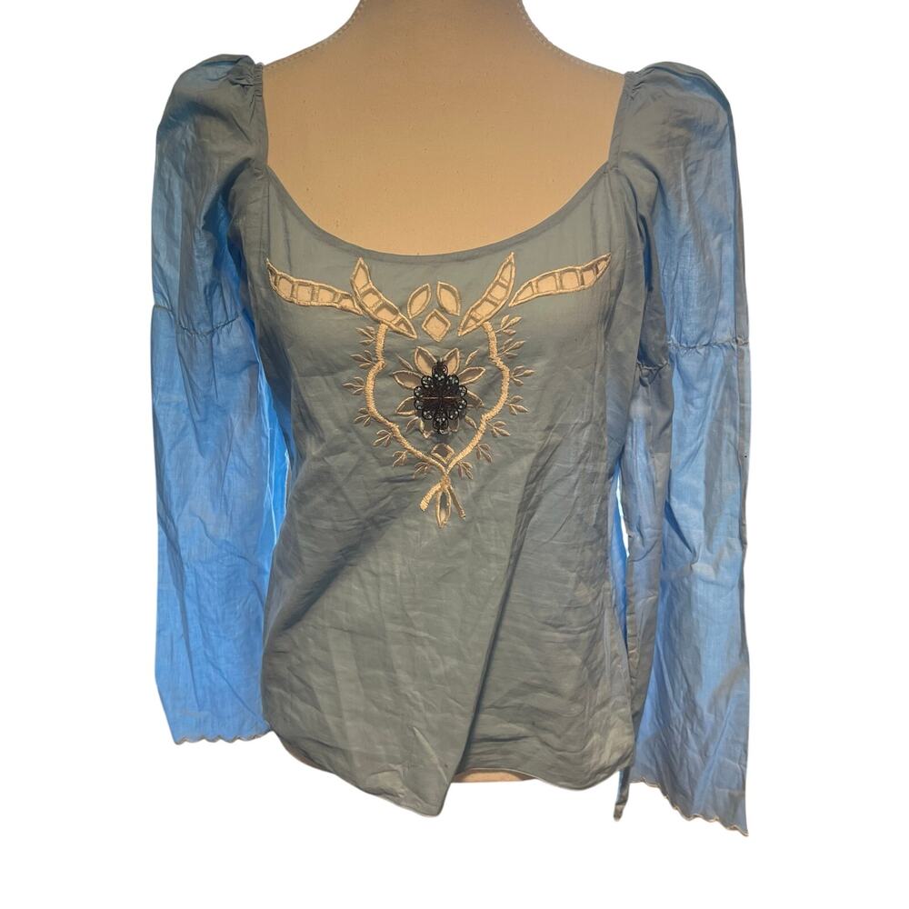 Y2K Vtg Rampage Women's XL Geneva Blouse Blue White Cut Outs 100%‎ Cotton